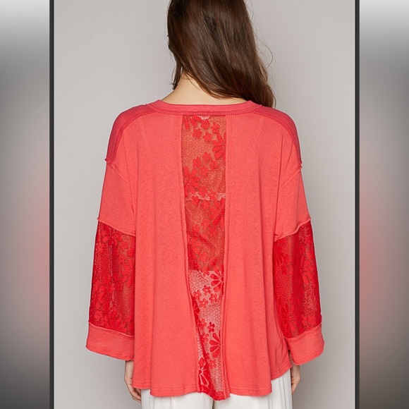 POL. ❤️ Bright Coral Lace Sleeve Top - Picture 2 of 4